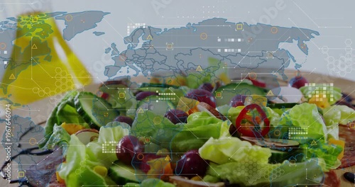 Camera focusing on salad on plate, map overlay appearing and HUD nodes animating to show origins