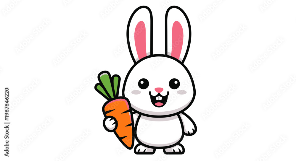 Obraz premium Cute cartoon rabbit holding a fresh carrot, isolated on white background