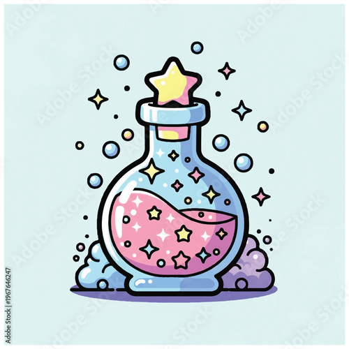 Magical pink potion in bottle.