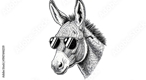 Cool Donkey Wearing Sunglasses, Hand-Drawn Sketch, Black and White