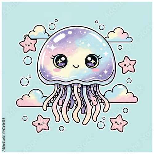 Cute Cartoon Jellyfish Smiling Face.