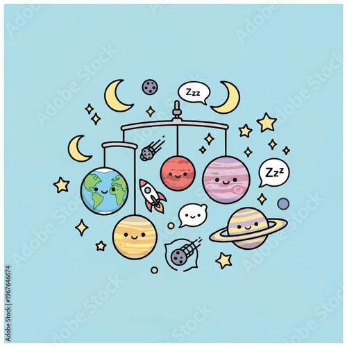 Smiling planets and celestial bodies floating.