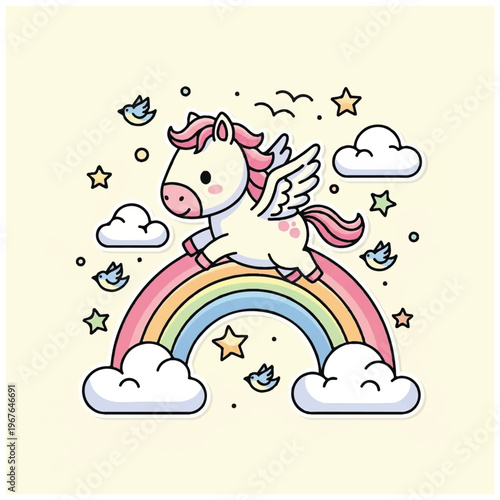 Colorful Unicorn Riding Rainbow Sky.