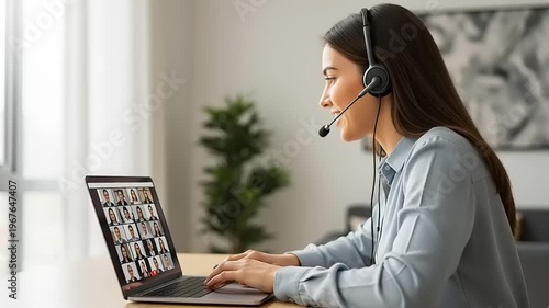 Woman working on laptop with headset.