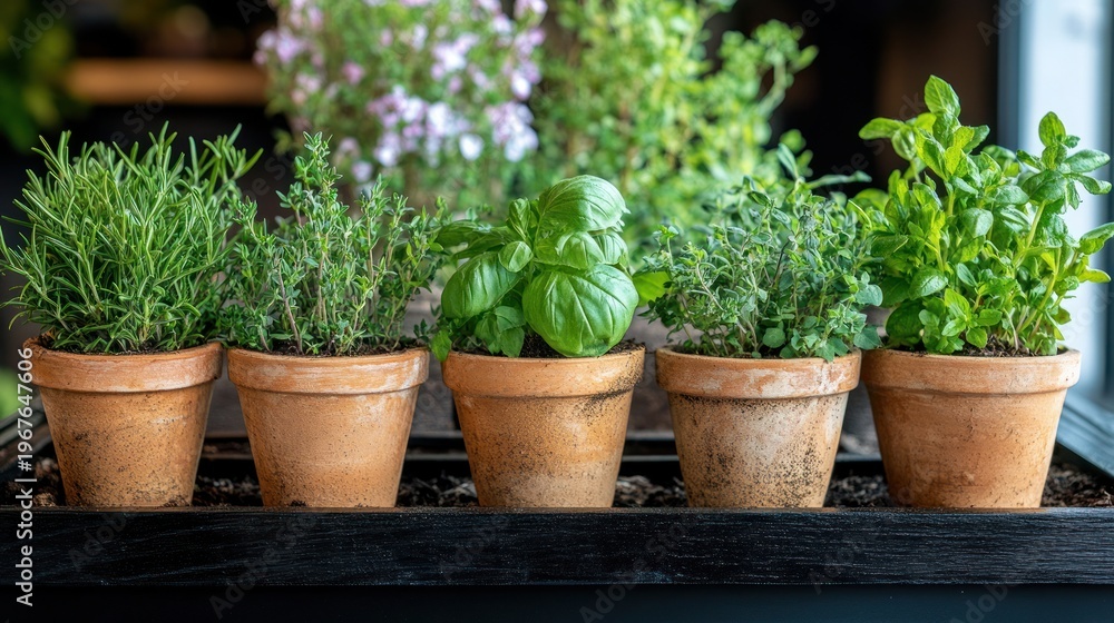 Fototapeta premium Close-up of diverse fresh herbs in terracotta pots, arranged in a row on a windowsill