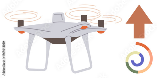 Transportation, delivery, innovation, aerial tech, navigation, future technology. quadcopter in flight near an abstract arrow and colorful circle. Transportation and delivery illustrated