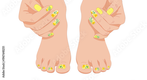 Woman's Hands and Feet with Yellow Lemon Nail Art, Summer Pedicure