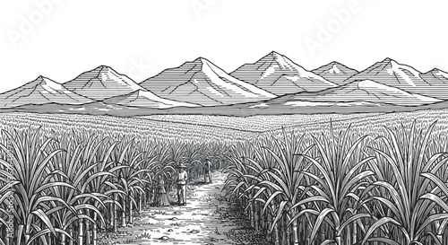 Farmer walks through sugarcane field towards mountains, vintage engraving style.