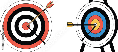 Archery target board with arrow hitting bullseye center flat vector illustration for business success and goal achievement concept.