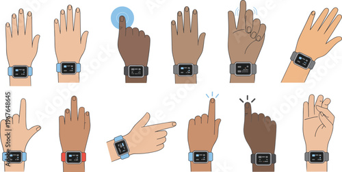 Diverse hands wearing smartwatches with various touch screen gestures and pointing movements flat vector illustration isolated on white background