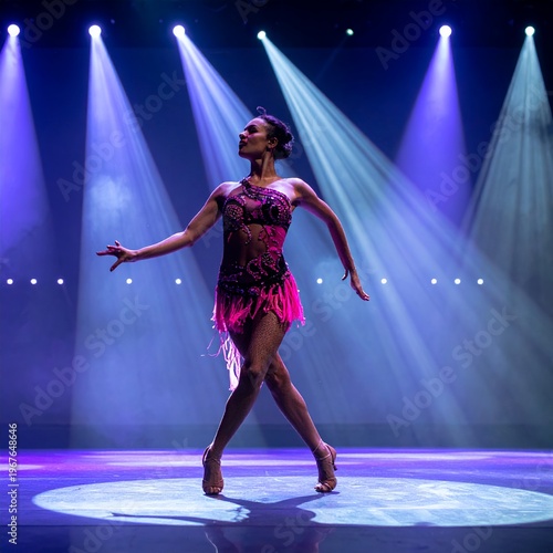 Dynamic female dancer performing on stage under vibrant spotlights, showcasing grace and energy in a captivating routine.