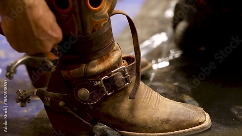 Close up of cowboy strapping up leather boots 