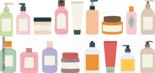 Collection of organic skincare cosmetic bottles and beauty product packaging containers flat vector illustration isolated on white background