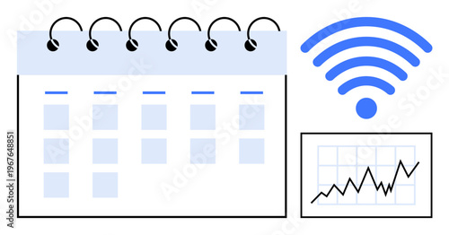 Productivity, digital planning, scheduling, internet connectivity, business growth, online analytics. A calendar, wireless icon and upward trend line chart. Productivity and digital planning concept