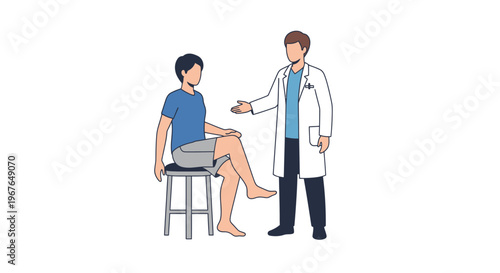 Doctor talking to male patient about leg injury in clinic