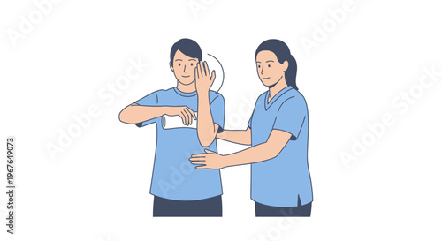 Female physical therapist assisting man with arm exercises