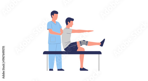 Physical therapist helping man with knee brace leg exercise