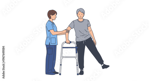 Physical therapist assisting elderly man with walker balance exercise