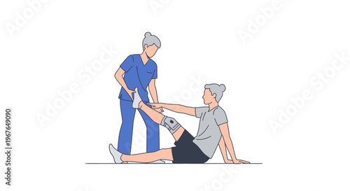 Physical therapist assisting patient with knee brace leg stretch