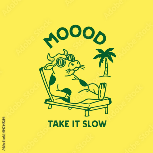 Cow on beach lounge chair relaxing.