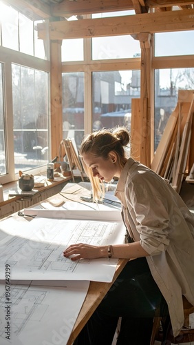 Focused female architect reviewing blueprints in sunlit workshop.