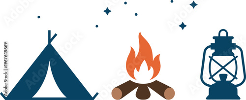 Flat vector set of camping icons including tent campfire and lantern for outdoor adventure and summer vacation concept.