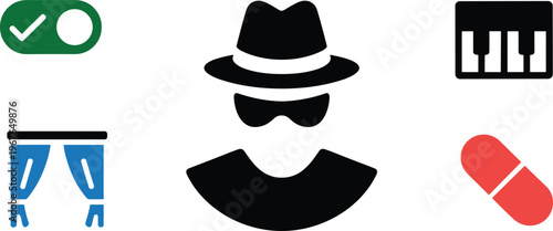 Flat vector set of diverse icons featuring hacker spy character piano keys medicine pill curtains and toggle switch symbols.