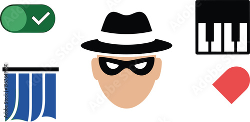 Flat vector set of diverse icons featuring hacker spy character piano keys medicine pill curtains and toggle switch symbols.