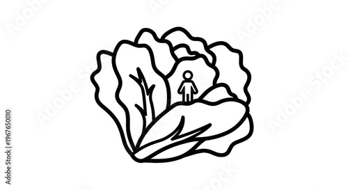 Minimalist outline icon depicting a tiny human figure nestled within a bountiful leafy green