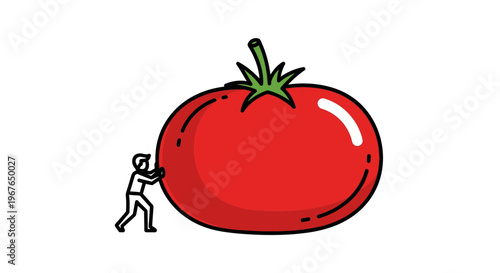 A small determined figure pushing an enormous red tomato, illustrating effort and significant