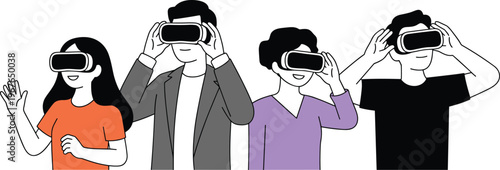 Flat vector illustration of diverse people wearing virtual reality headsets experiencing metaverse digital simulation isolated on white background. (19 words)