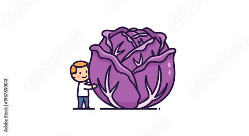 Whimsical cartoon illustration of a happy child joyfully embracing a giant vibrant purple cabbage