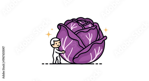 Charming illustration of a tiny gardener caring for a vibrant purple cabbage harvest