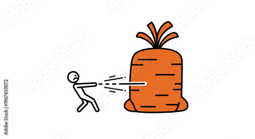 A stick figure character engaging with a massive carrot in a playful yet challenging confrontation
