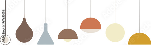 Flat vector illustration set of modern pendant lamps and hanging ceiling lights in earth tones isolated on white background. (19 words)