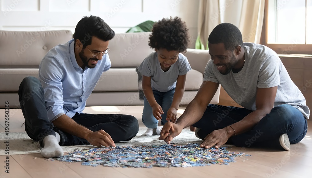 Fototapeta premium Happy gay couple and adopted child playing puzzle on floor.