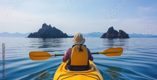 Woman kayaking on tranquil sea, surrounded by dramatic rock formations and mountains, enjoying summer outdoor adventure