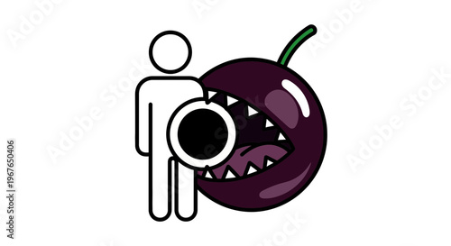 Stylized icon of a human figure with a large, toothed purple fruit consuming its core