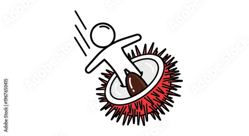 A playful stick figure slides down a vibrant tropical rambutan fruit with speed and zest