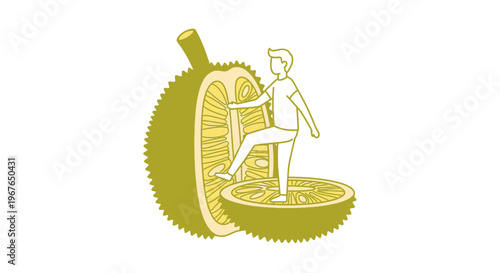 Modern illustration of a person engaging with a giant tropical durian fruit, exploring its unique