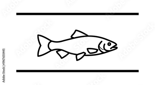 Clean outline illustration of a fish swimming between two bold horizontal lines on a plain white