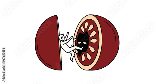 A small human figure courageously navigates the ominous depths of a halved fruit, confronting