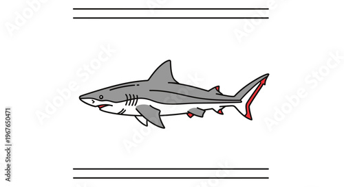 Stylized cartoon shark with vibrant red tail and fins, depicting a marine predator