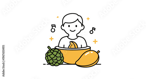 Delightful illustration of a happy individual surrounded by exotic tropical fruits and good vibes
