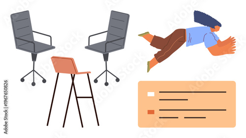 Workplace design, collaboration, tasks management, creativity, teamwork, goal setting. Office chairs, a stool a diving person and a task list graphic. Workplace design and collaboration