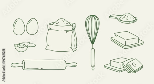 Baking ingredients and tools illustration for cooking and baking.