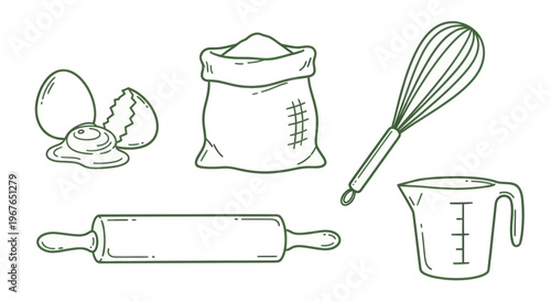 Baking ingredients and tools illustration with eggs flour whisk rolling pin and measuring cup.