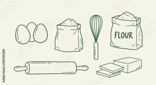 Baking ingredients and tools illustration for cooking and baking.