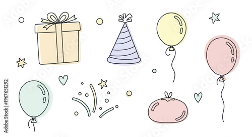 Birthday Party Elements Collection Hand Drawn Style.