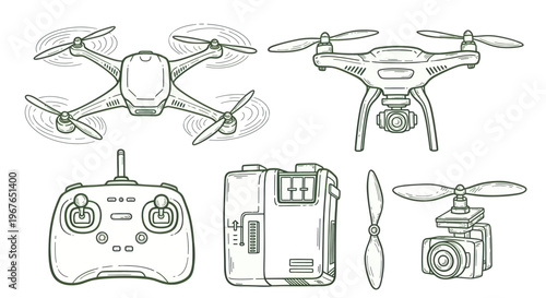 Collection of drone components and accessories for aerial photography and videography.